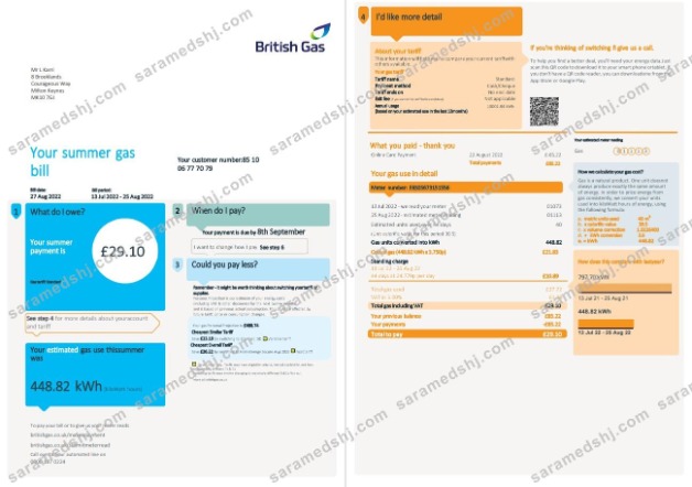 United Kingdom British Gas utility bill, Word and PDF template, 4 pages 1 2